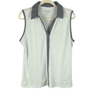 Izod Preppy White Navy Checkered Collar Sleeveless Golf Polo Large Shirt
